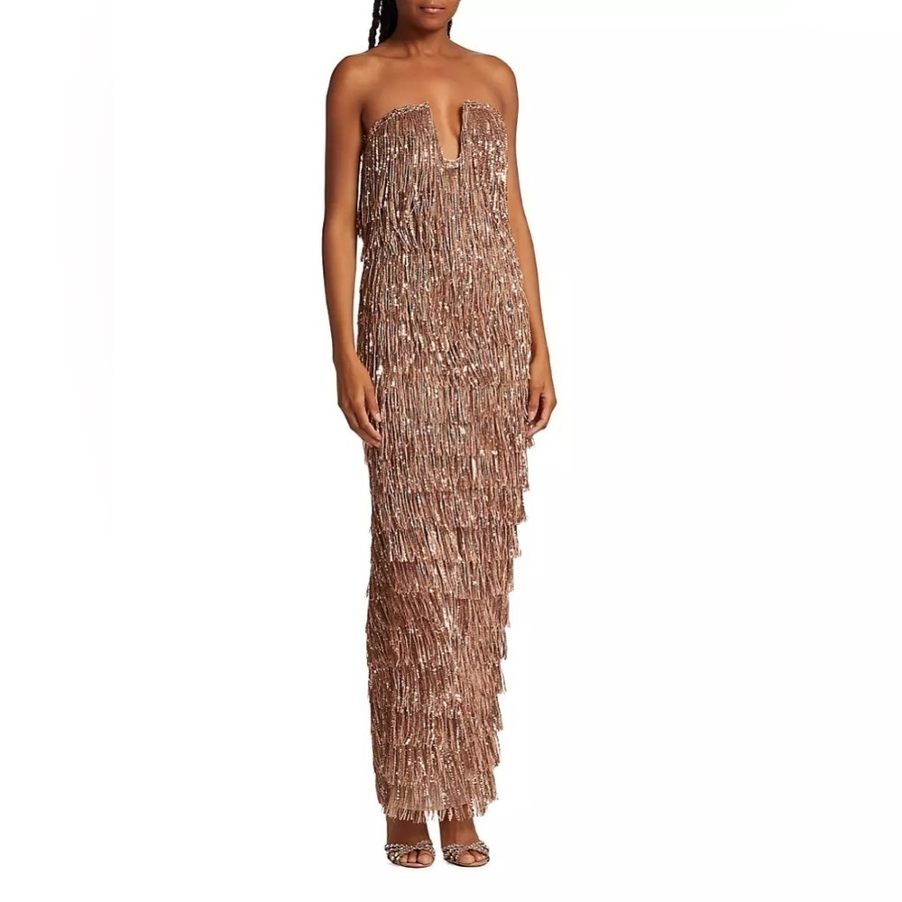 Bronx & Banco | Isle Sequin Fringe Gown In Rose Gold Gown Size L -8 NEW - Picture 3 of 15